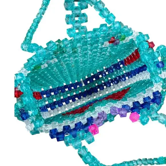Handmade Beaded Heart Bag Purse Blue Shoulder Strap Unique Dopamine Maximalist - Picture 7 of 7